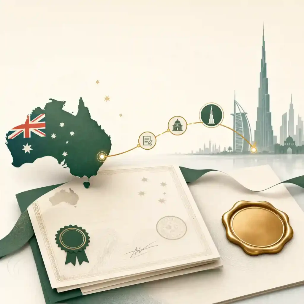 Australia certificate attestation illustration showing an Australia map, attested documents, a gold seal, and a route line connecting Australia to Dubai.