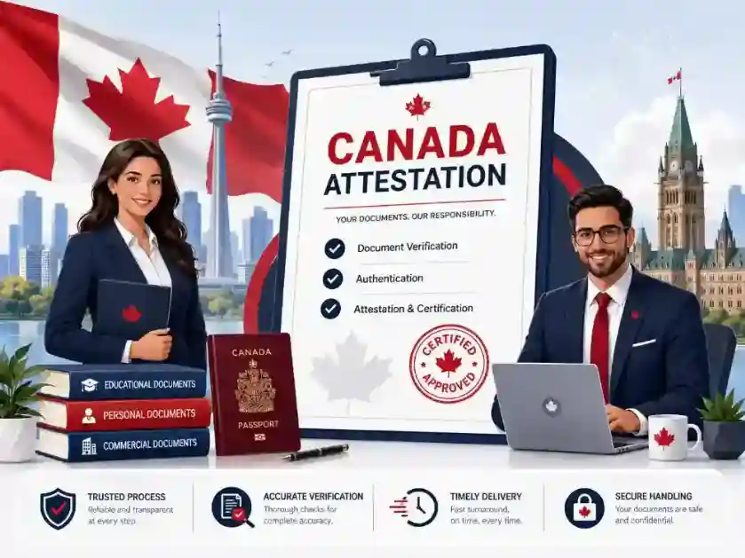 Illustration of Canada document attestation services showing a central checklist, Canadian flag, Canada passport, CN Tower, Parliament building, approved certification stamp, and business professionals assisting with document verification.