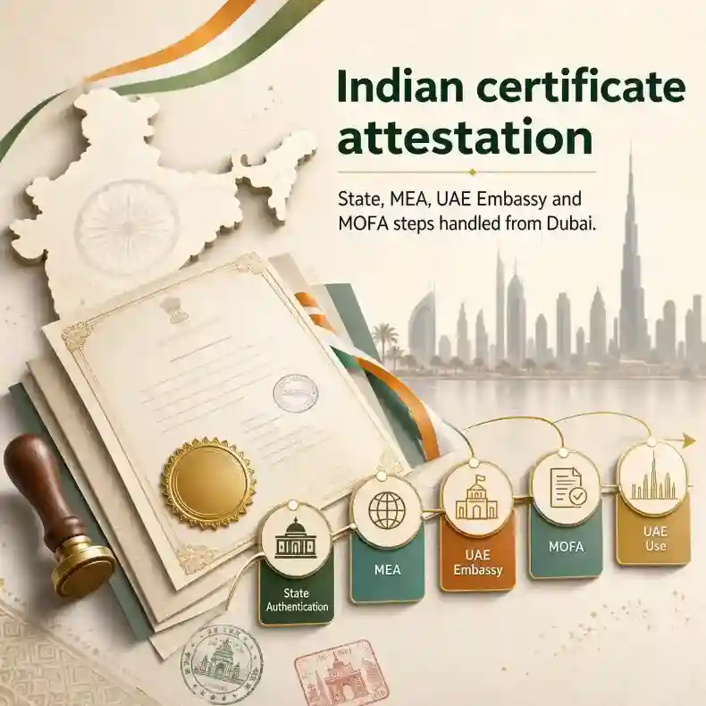 Indian certificate attestation website image showing an India outline, attested documents, process tabs for State Authentication, MEA, UAE Embassy and MOFA, with a Dubai skyline in the background.