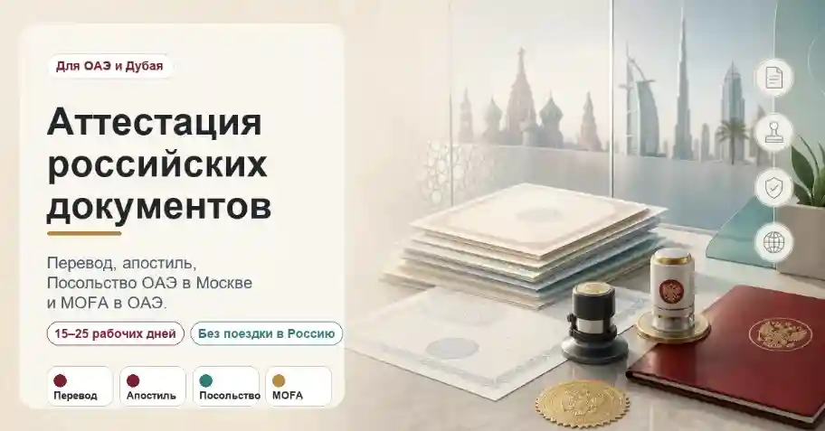Russian certificate attestation in Dubai illustration with Russian-language title, document stack, apostille and embassy stamps, MOFA seal, Moscow and Dubai skyline cues, and service details for 15–25 working days.
