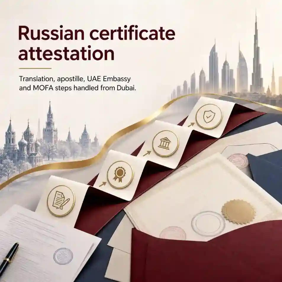 Russian certificate attestation in Dubai image showing document papers, a burgundy legalisation pathway, generic process icons, Moscow visual cues, and the Dubai skyline.