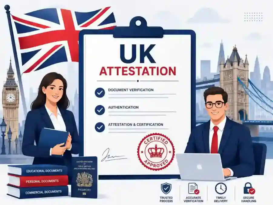 Illustration of UK document attestation services showing a central checklist, Union Jack flag, UK passport, Big Ben, Tower Bridge, approved certification stamp, and business professionals assisting with document verification.