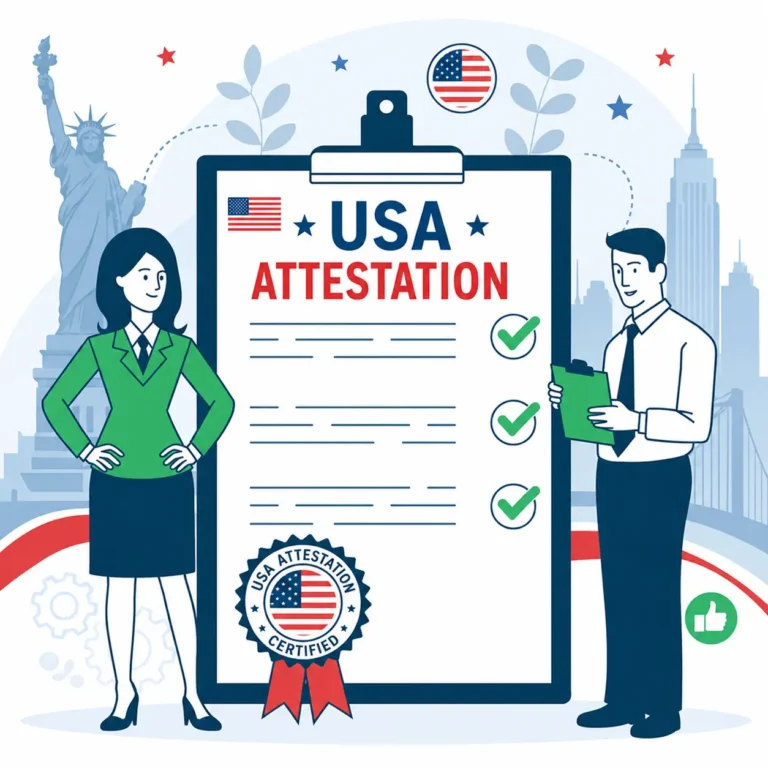 Illustration of USA document attestation with a checklist, approval stamps, American flag, Statue of Liberty, and business professionals representing certificate verification and attestation services.