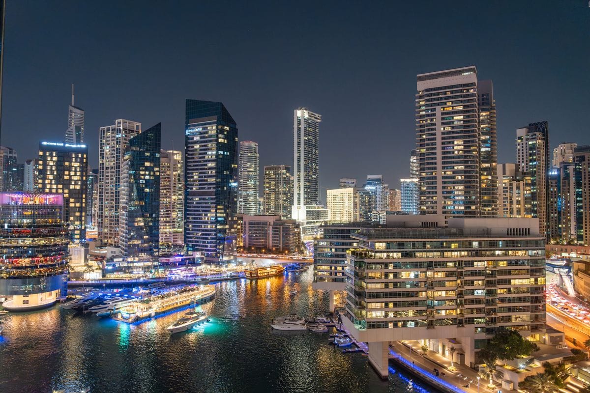 Dubai Marina skyline at night - document attestation services in Dubai Marina by Seal & Signature